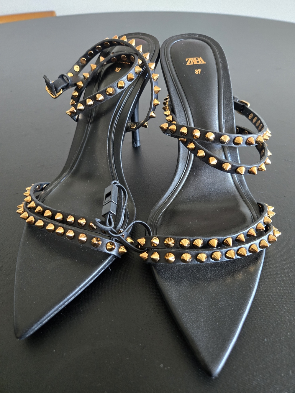 ZARA Black Gold Studded Pointed Toe Strappy Heeled Sandals Sz 37 - Picture 4 of 10